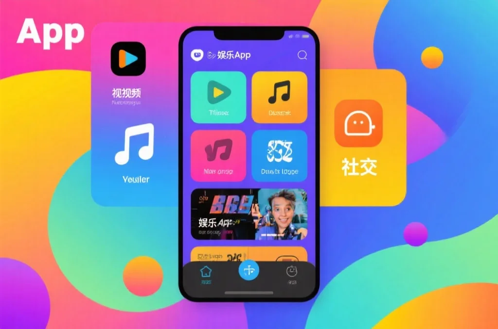 一个多彩的应用界面,包含视频、音乐、游戏和社交模块,展现娱乐App的多样化功能,背景充满活力
