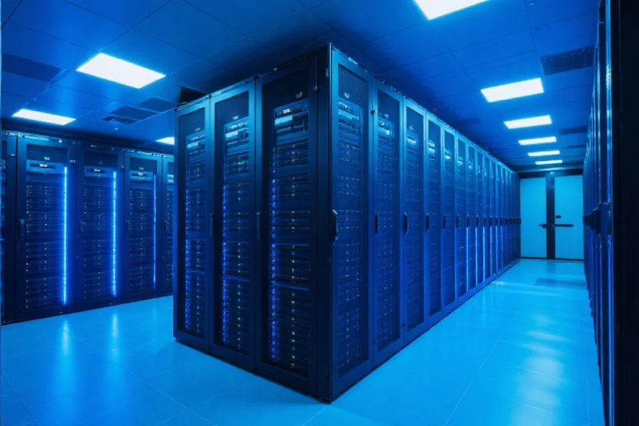 现代数据中心内部,服务器机架整齐排列,蓝色灯光映衬出高科技氛围